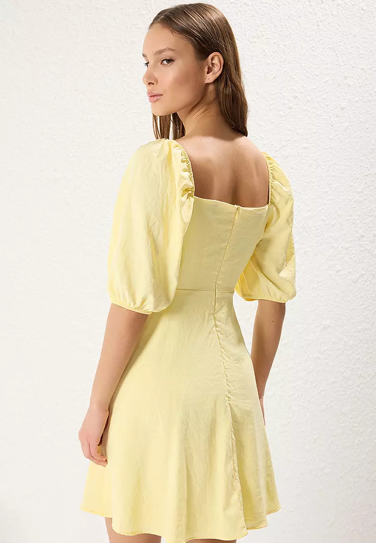 Yellow A-Line Balloon Sleeve Mini Woven Dress