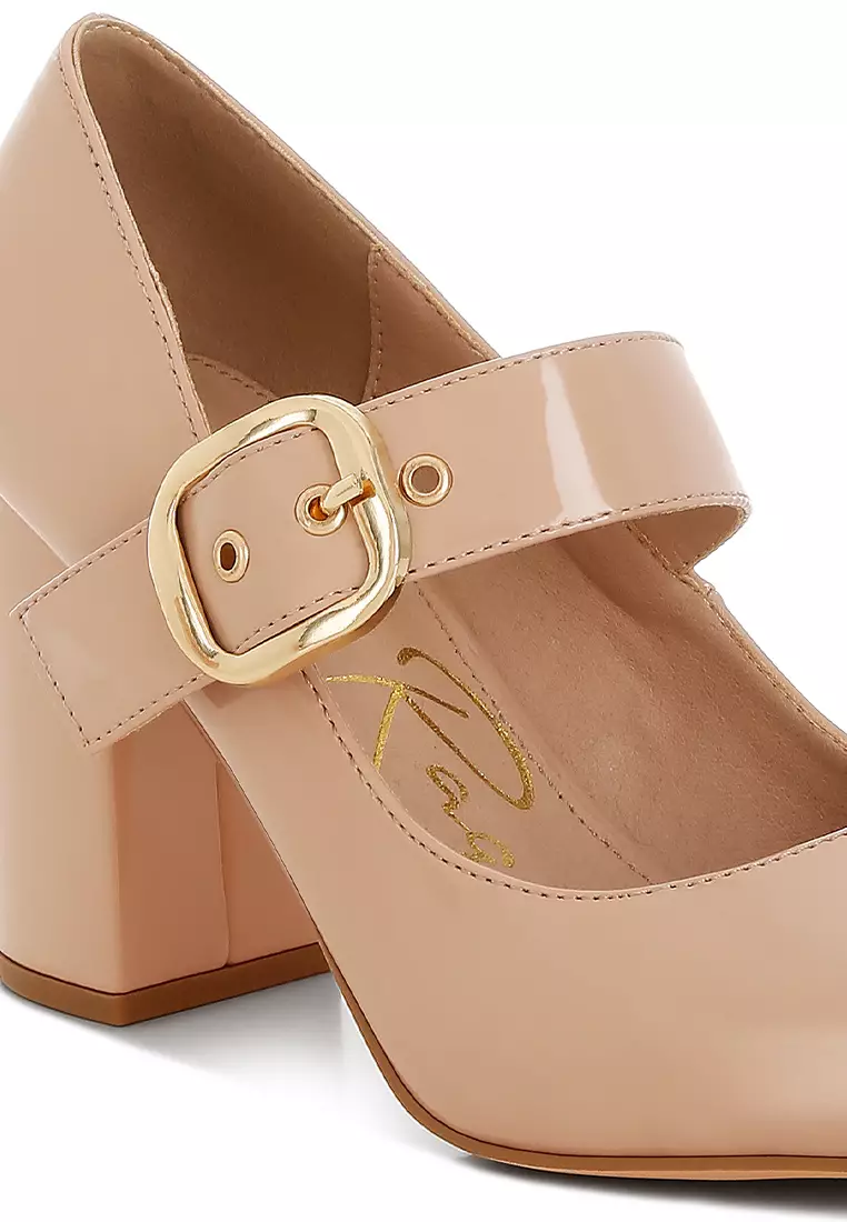Block Heel Mary Jane Sandals in Beige
