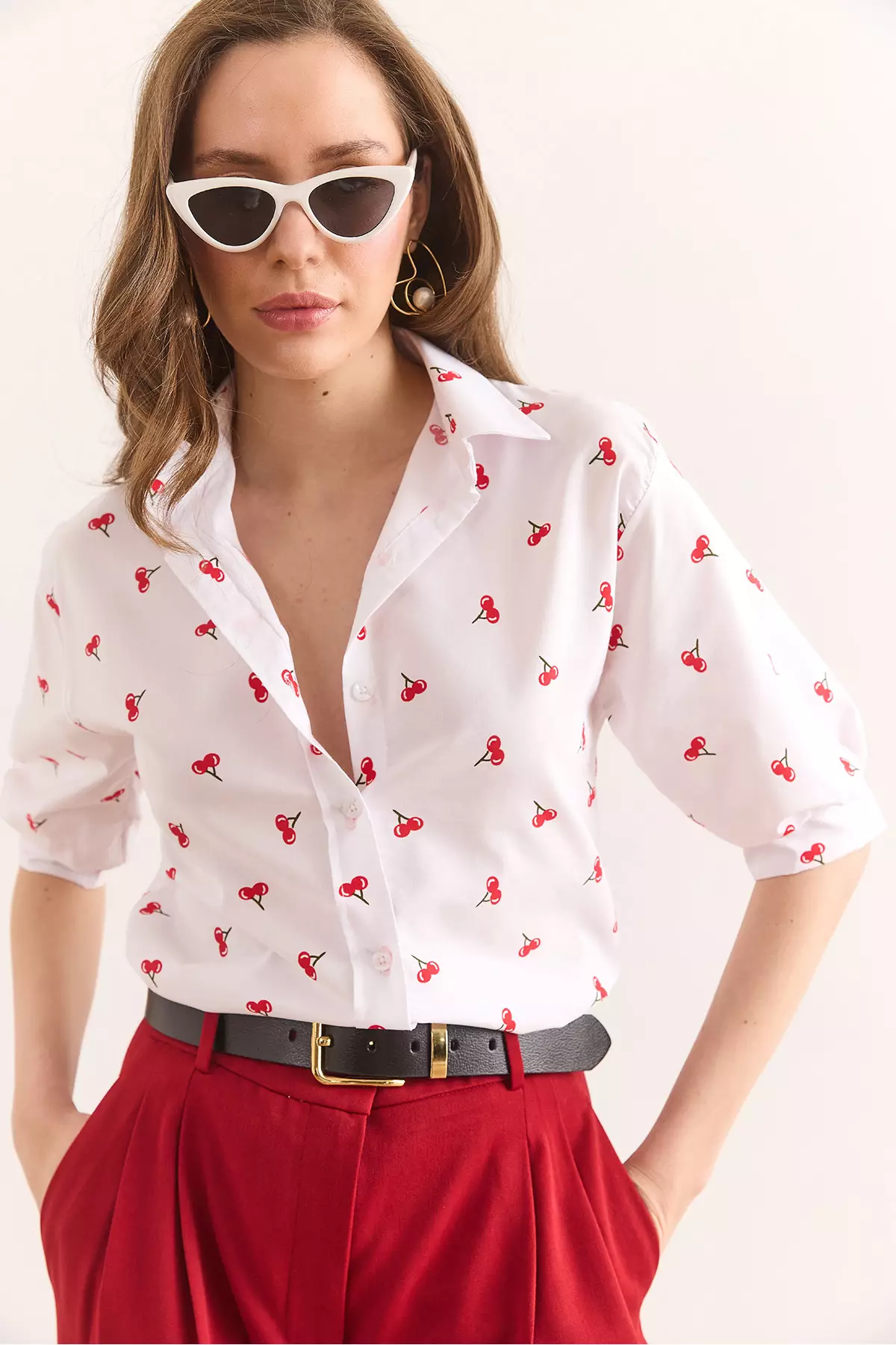 Women's White Cherry Balloon Sleeve Woven Shirt Gml-19001330