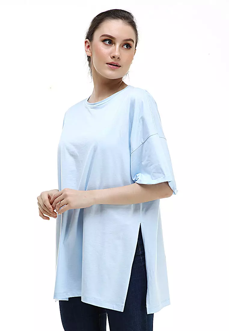 Fintan Tshirt Super Comfy Short Sleeve Design Simple And Casual Look Atasan Wanita - Blue