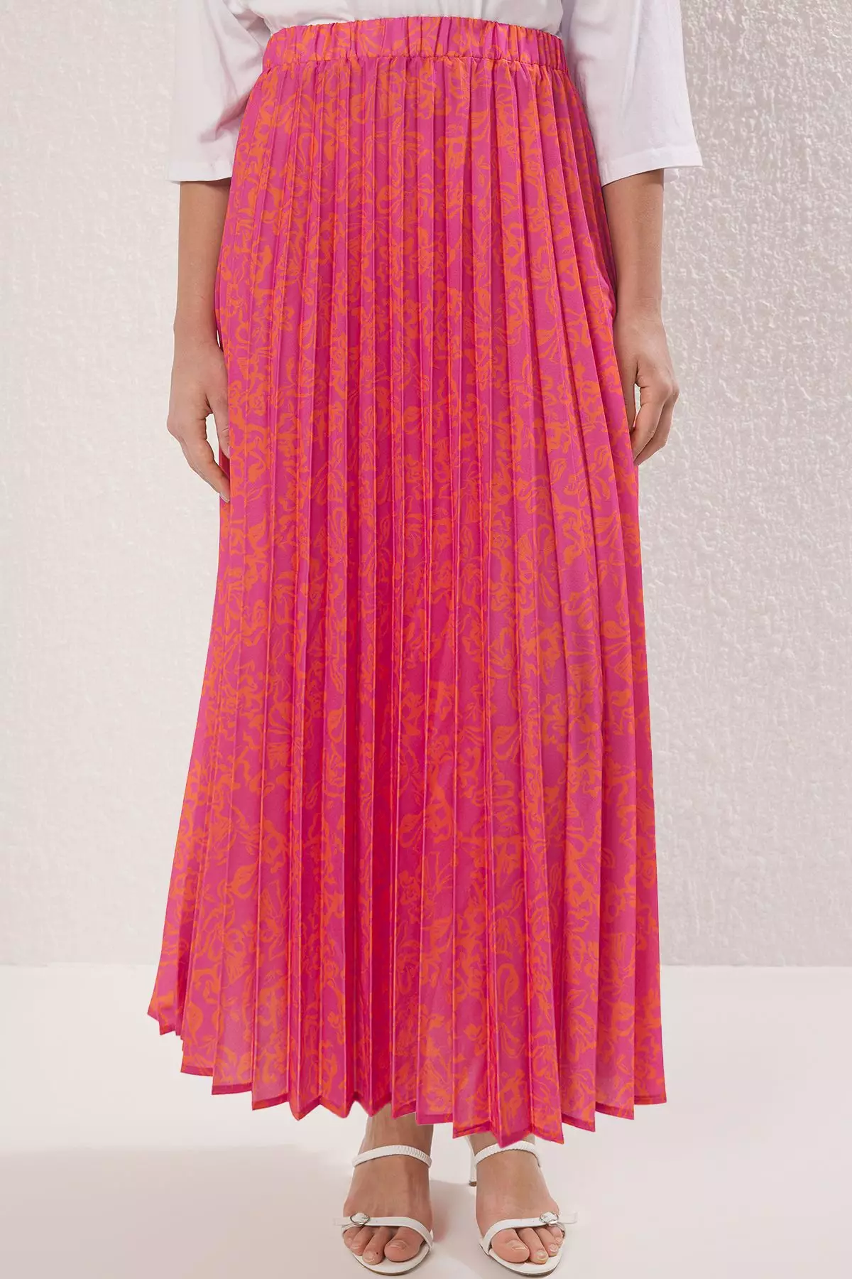 Pink Floral Pattern Pleated Waist Elastic Woven Skirt TCTSS23EE00018