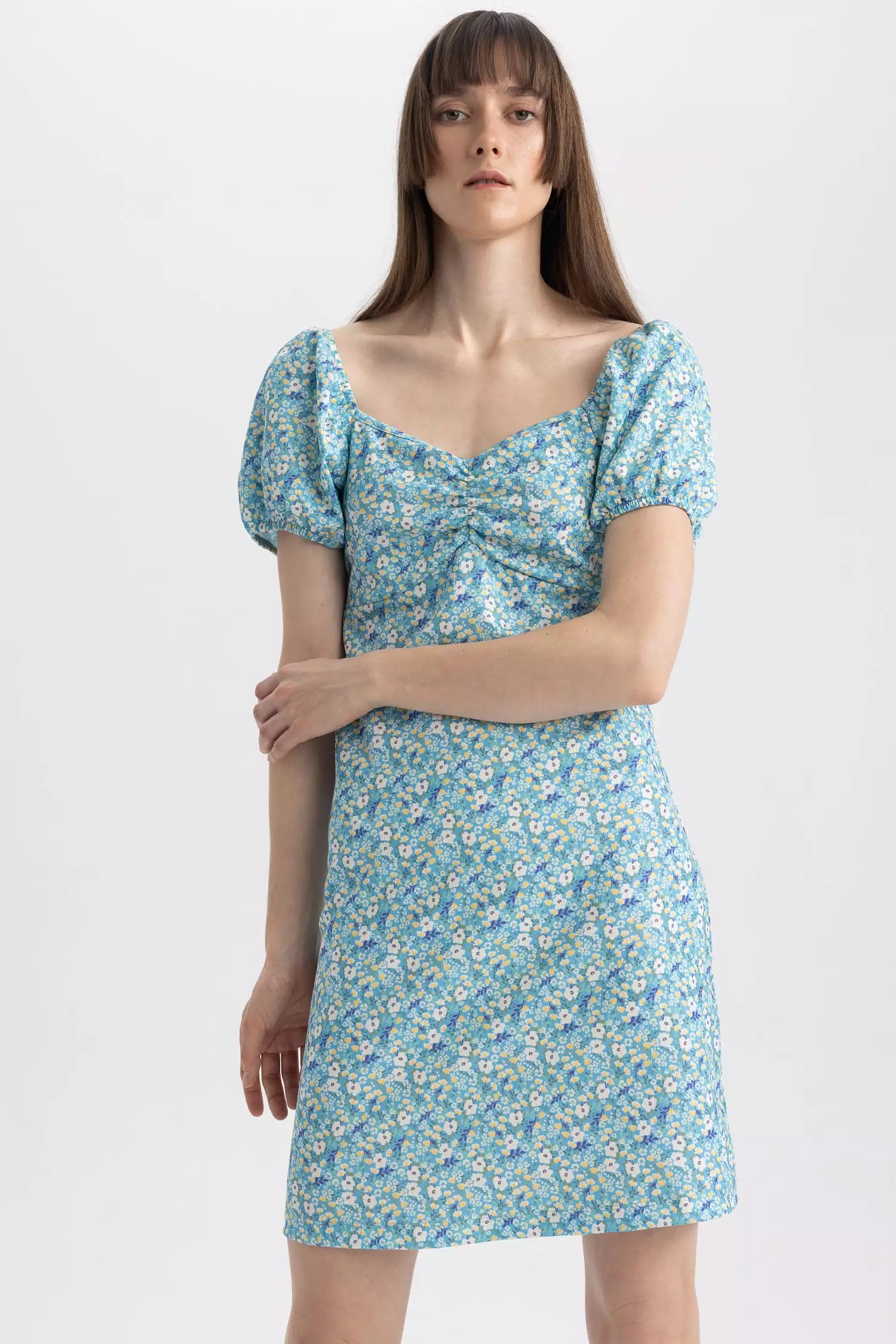 Buy DeFacto Heart Collar Floral Balloon Sleeve Mini Dress 2024 Online ...