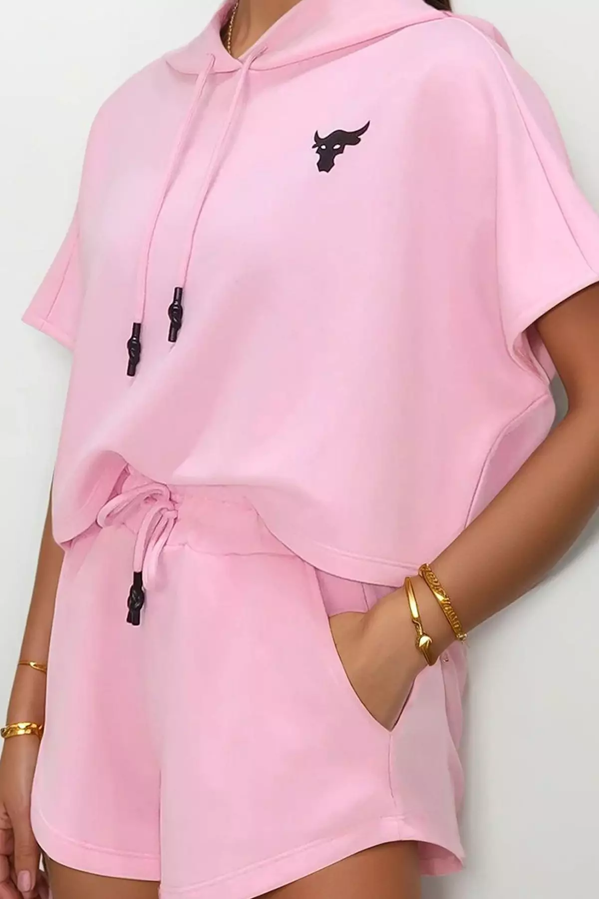 Women's Pink Hooded Crop Sweatshirt And Shorts Set Alc-760-001-Tk