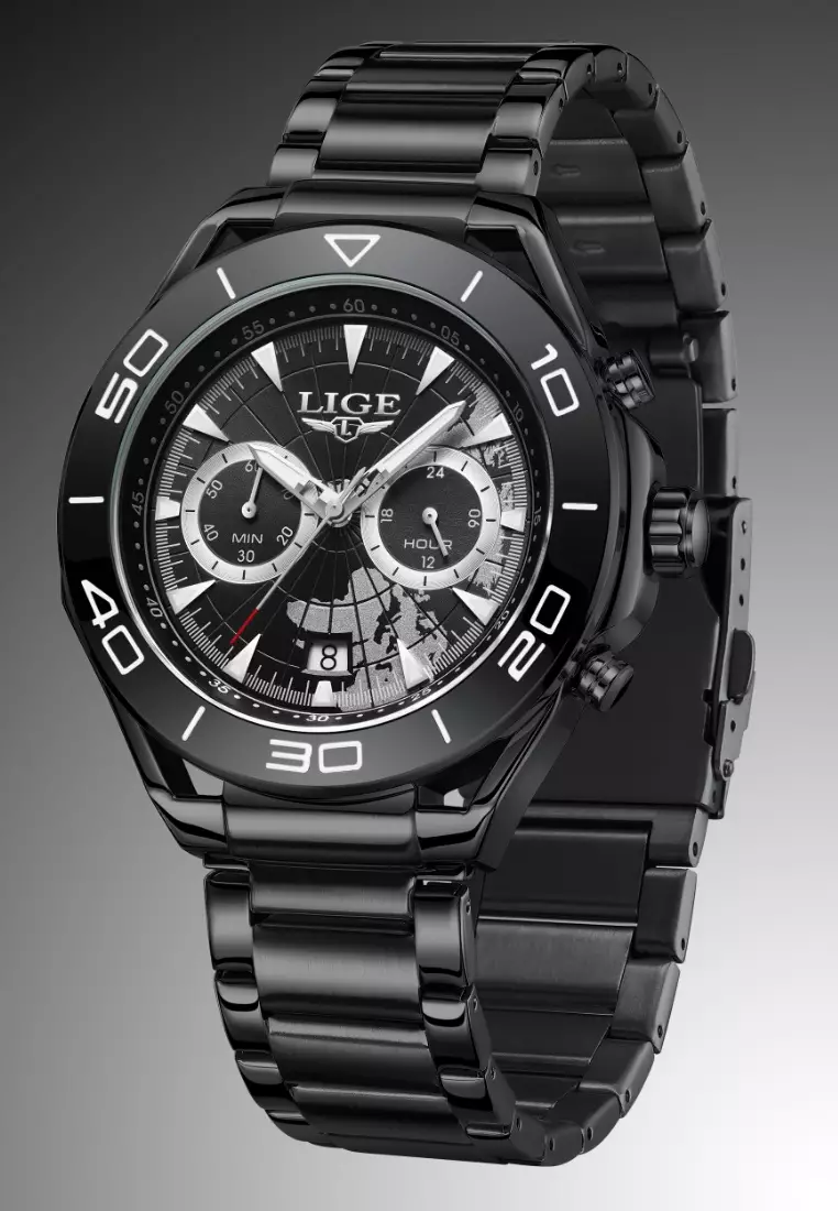 Chronograph Unisex IP Black Stainless Steel Quartz Watch, 48mm, stainless steel bracelet