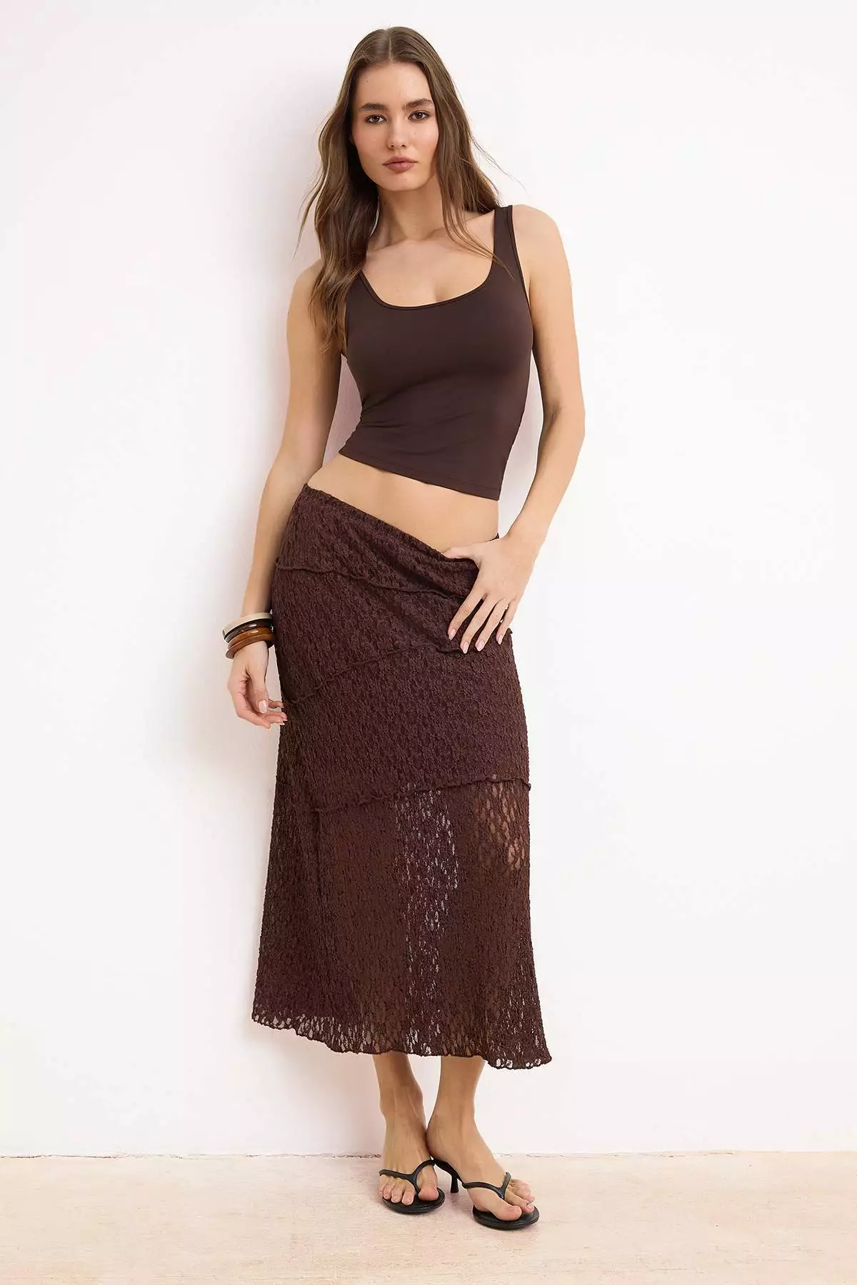 Dark Brown A Line Lace Lined Maxi Skirt Twoss25Et211