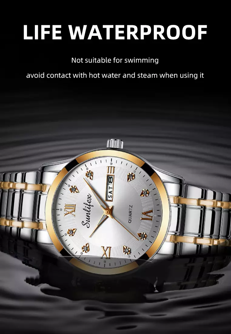 Jam Tangan Pria 9010 Kalender Kuarsa Tali Stainless Steel Bisnis Santai Jam Tangan Cowok gold white