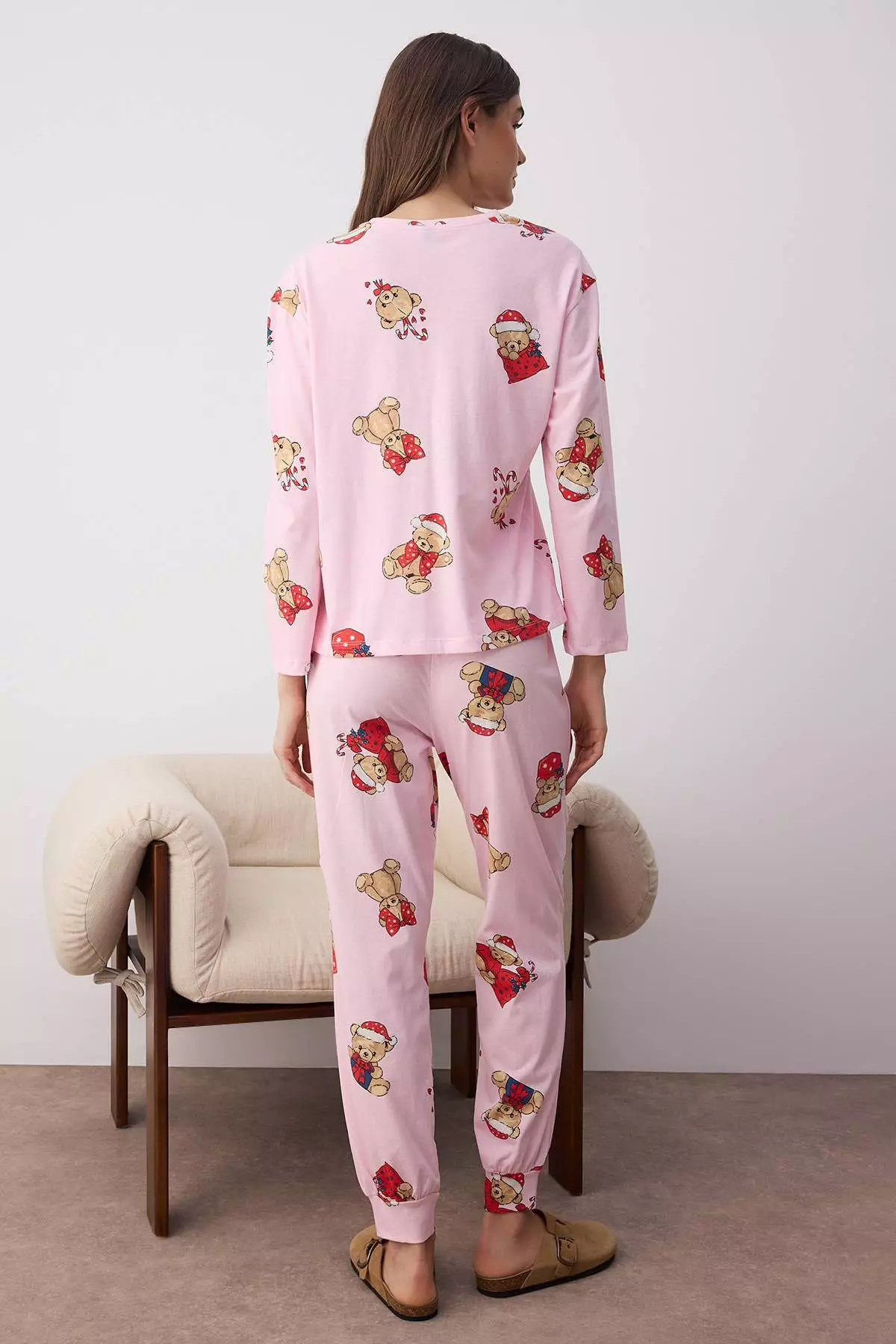 Pink 100% Cotton Teddy Bear Christmas Themed Knitted Pajama Set Thmaw26Pt00052