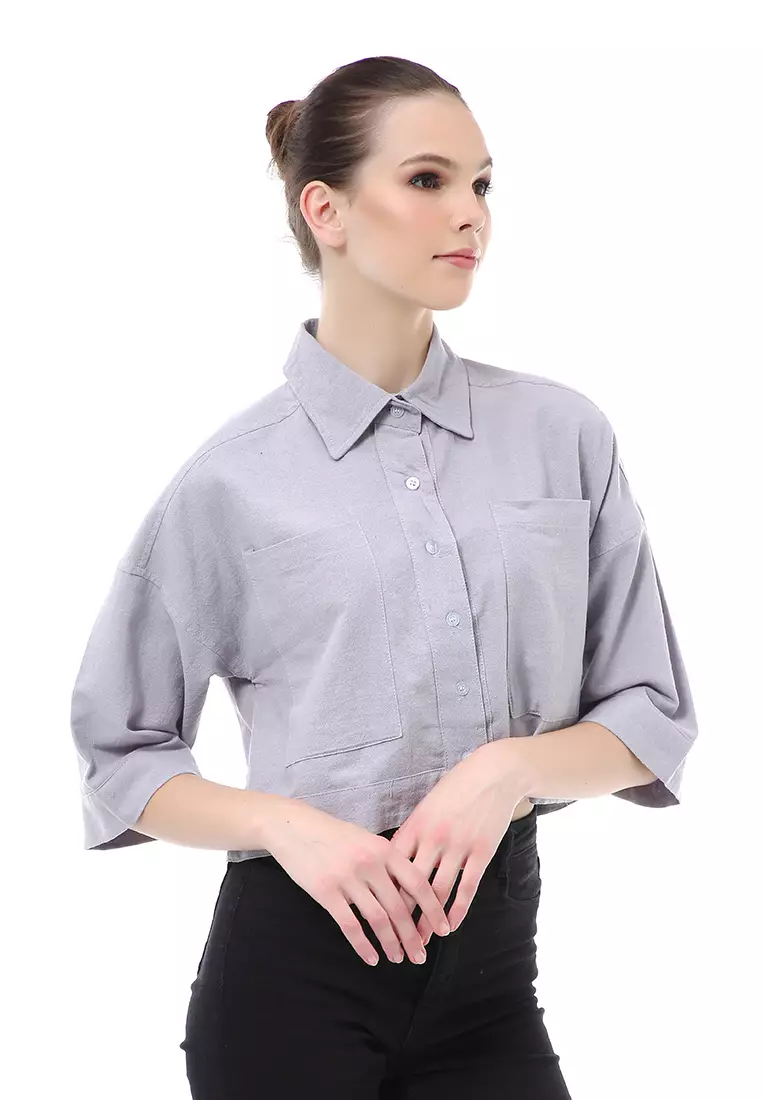 Brielle Atasan Wanita Kemeja Crop Oversize Shirt Lengan Panjang Material Linen ORIGINAL - Lilac