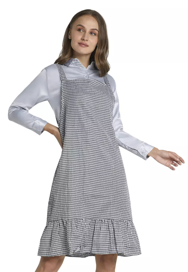 Feliks Tunik Midi Square Overall Motif Kotak Design Casual Wanita - Black