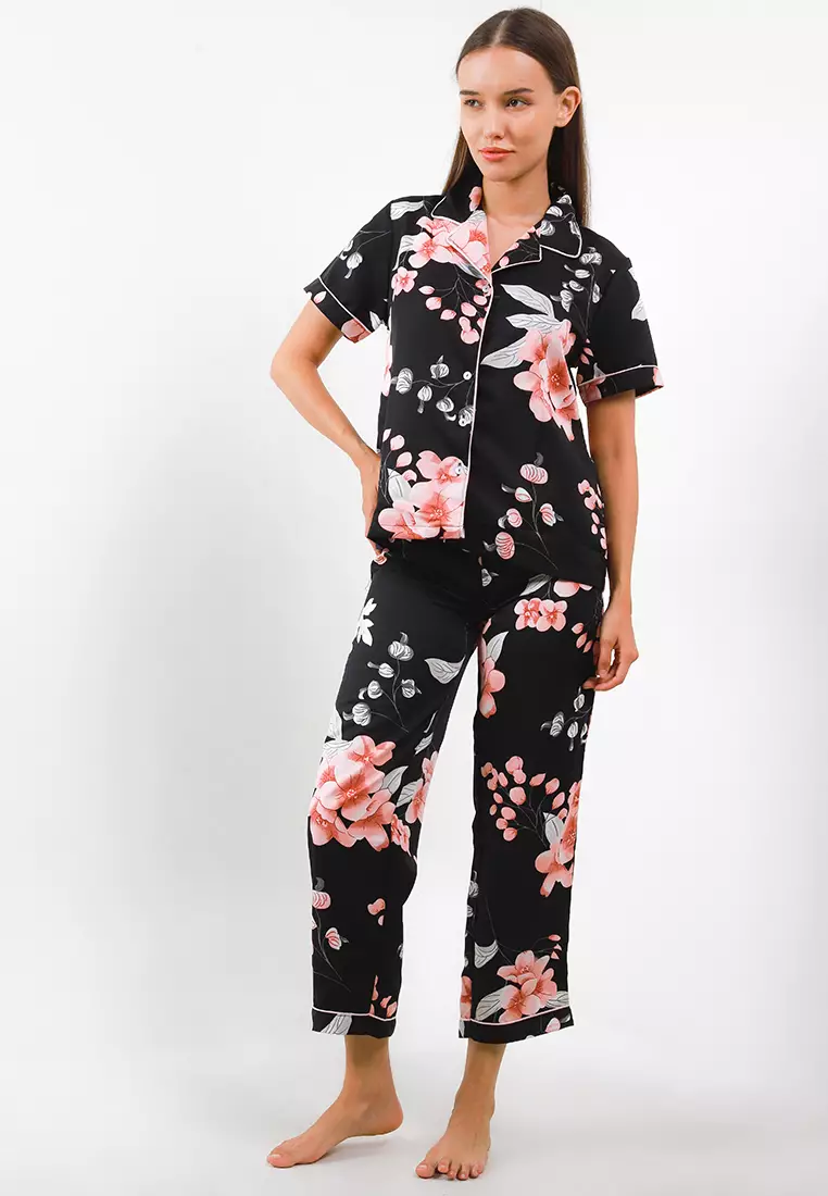 Piyama Pijama Baju Tidur Satin Silk Short Sleeve Long Pants Sleepwear