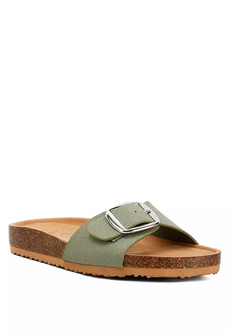 Green Buckle Strap Slip-On Sandals