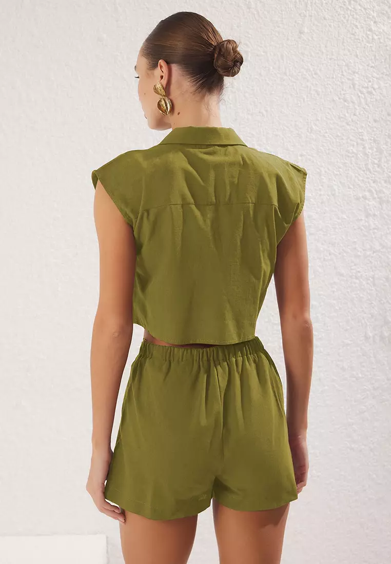 Oil Green Flared Cotton Shirt Shorts Beach Suit Tbess25Au00055