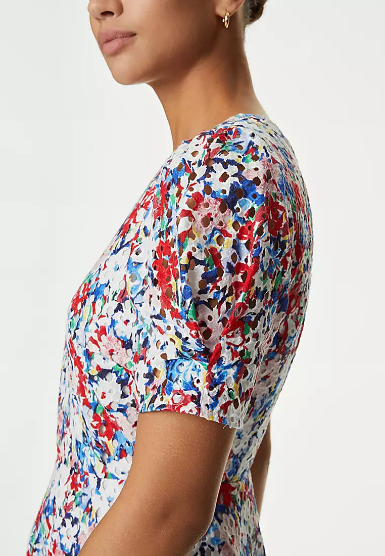 Pure Cotton Floral Cutwork Detail Midi Tea Dress