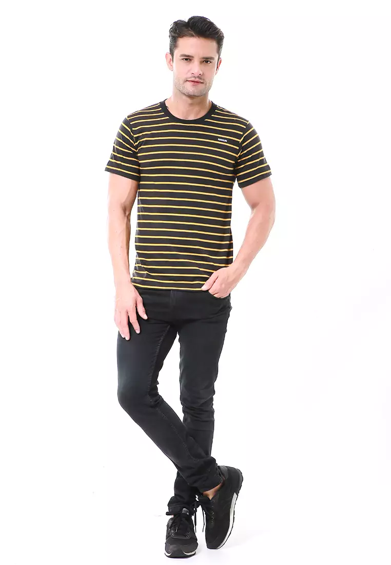 Aisley Kaos Pria Lengan Pendek Sweatshirt Kasual Stripe Motive Material Cotton ORIGINAL - Gold