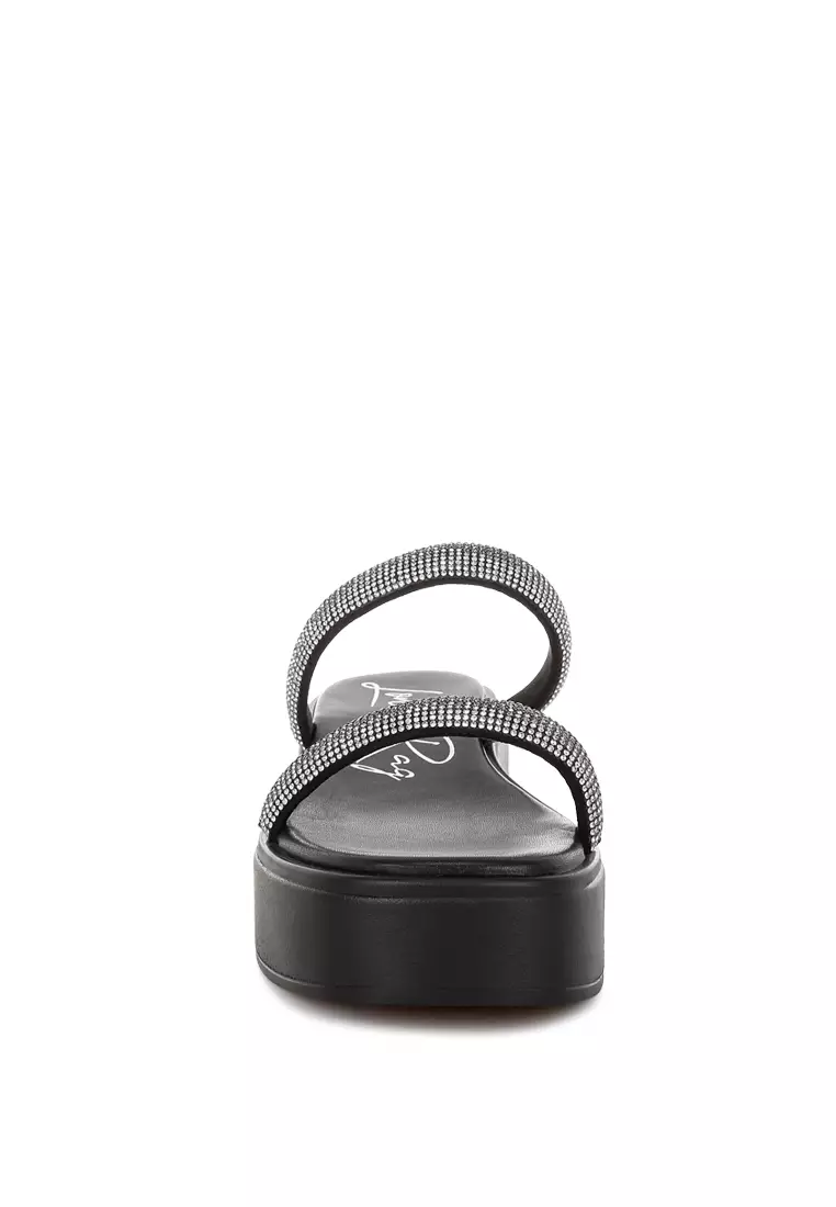 Sandal Platform Berhias Berlian Imitasi Tebal Warna Hitam