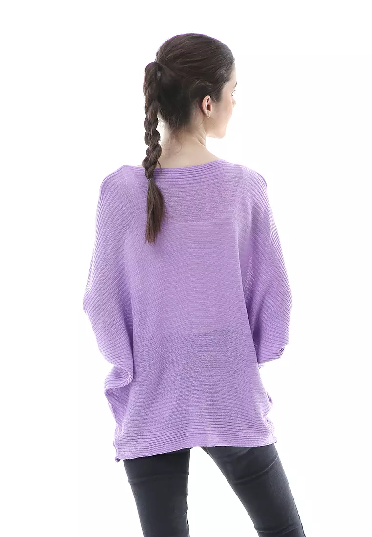 Eveline Sweater Rajut Batwing Atasan Wanita Motif Polos High Quality - Ungu Lilac