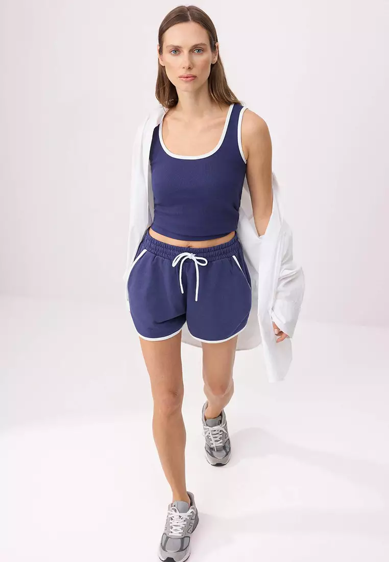 Navy Blue Ribbed Fitted/Fitted Fit Ribbed Stretch Knitted Top And Bottom Set With Pocket Detail Twoss26Au81
