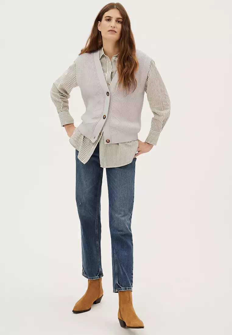 Cotton Rich Textured V-Neck Knitted Vest