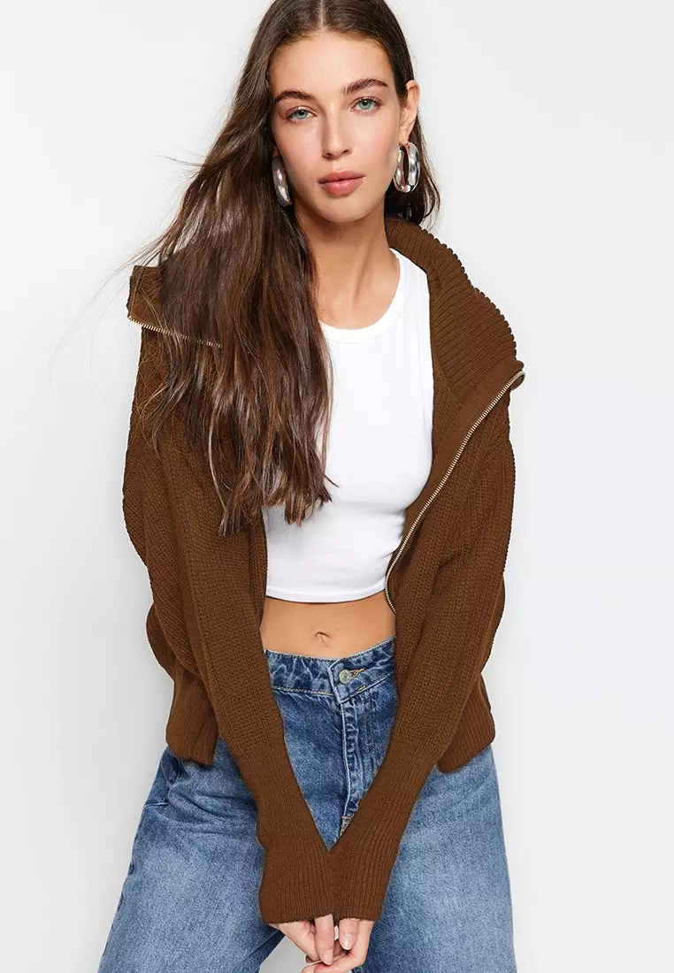 Light Brown Wide Fit Turn Down Collar Zipper Knitwear Cardigan