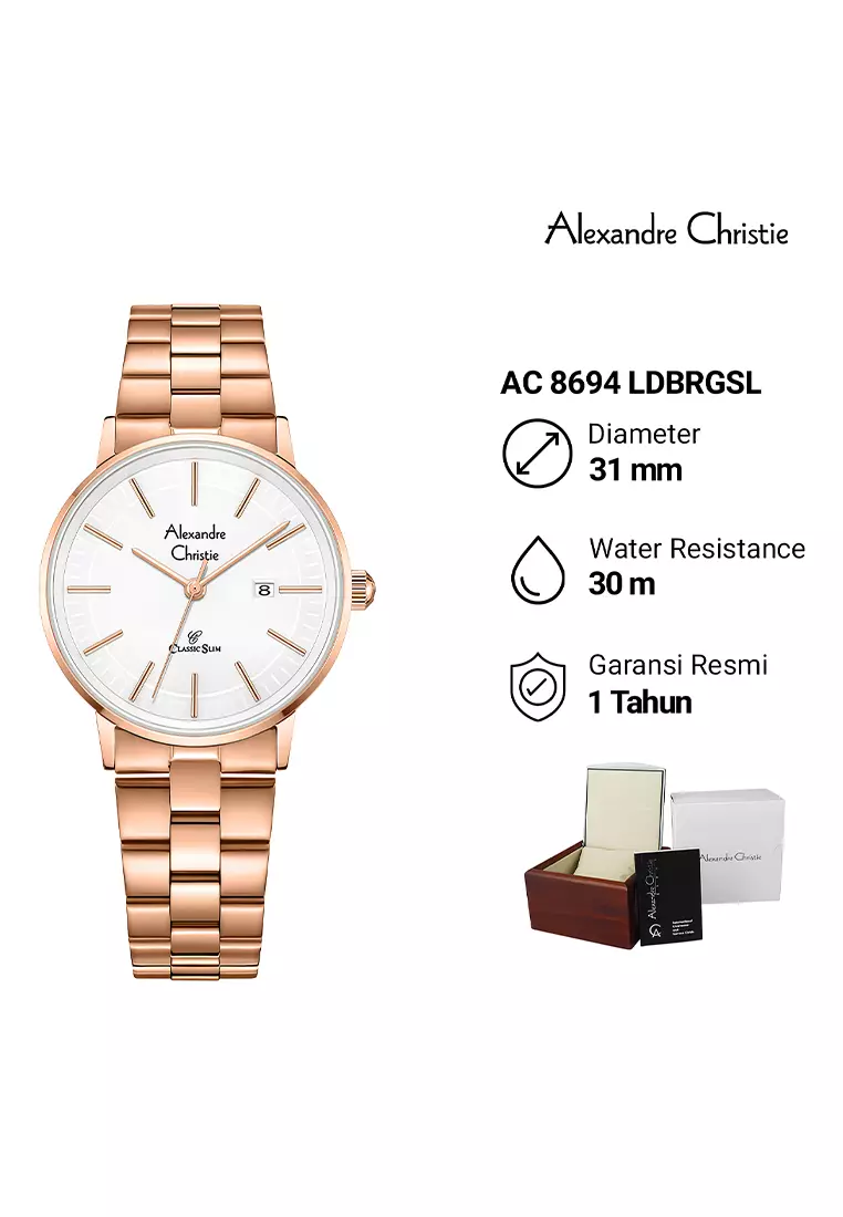 Alexandre Christie Classic Slim Jam Tangan Analog Wanita Rosegold White Dial Stainless Steel - 8694LDBRGSL