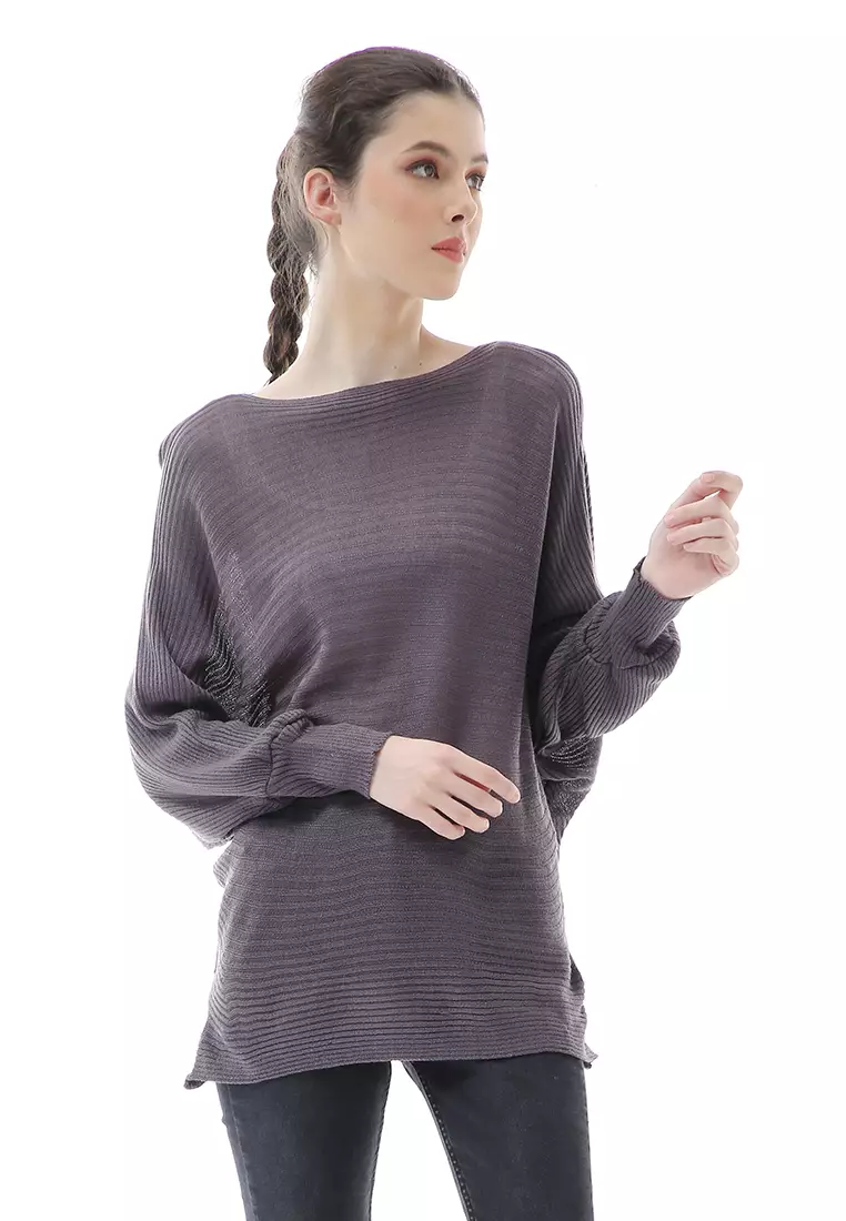 Eveline Sweater Rajut Batwing Atasan Wanita Motif Polos High Quality - Abu Tua