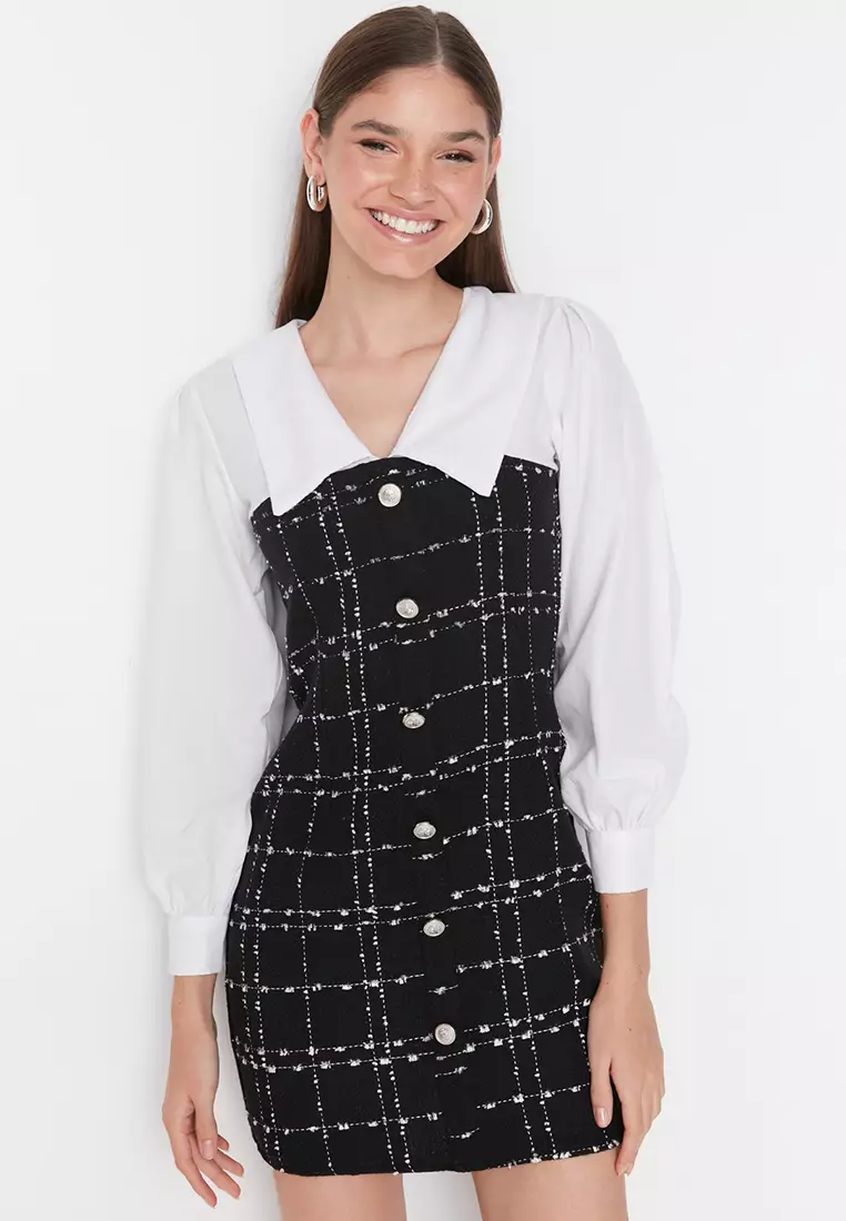 Black A-Line Shirt Collar Tweed Mini Woven Dress