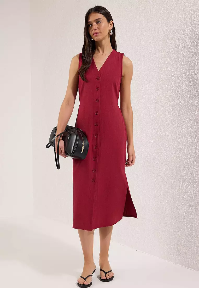 Wine Belted Linen Blend Midi Shirt Dress