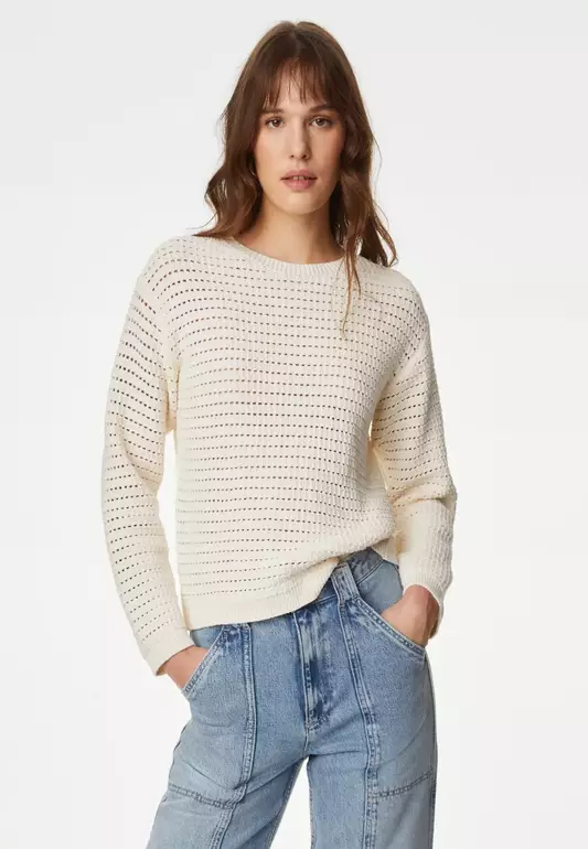Cotton Rich Textured Crew Neck Jumper