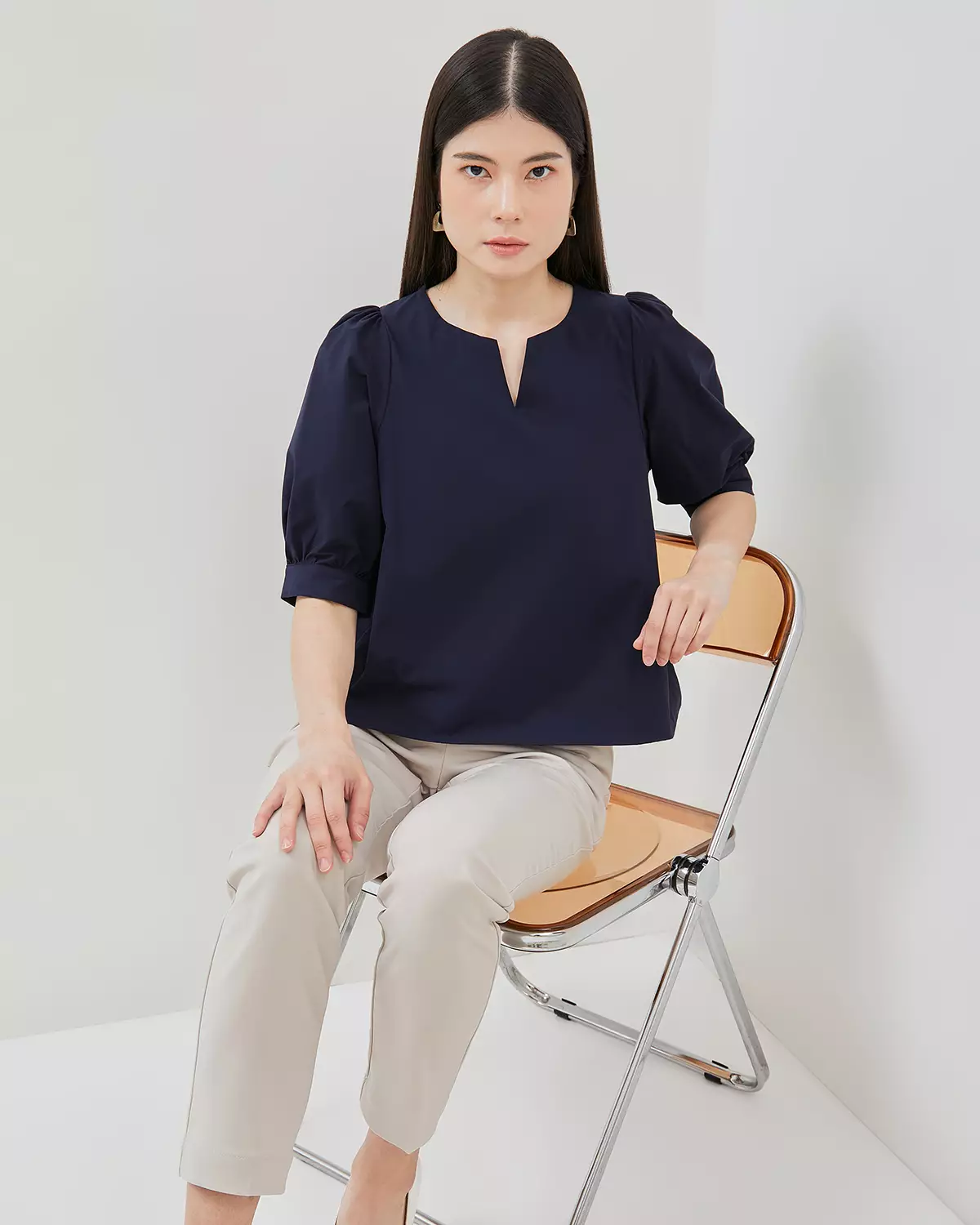 WOMEN'S BLUE V-NECK PUFF SLEEVE BLOUSE