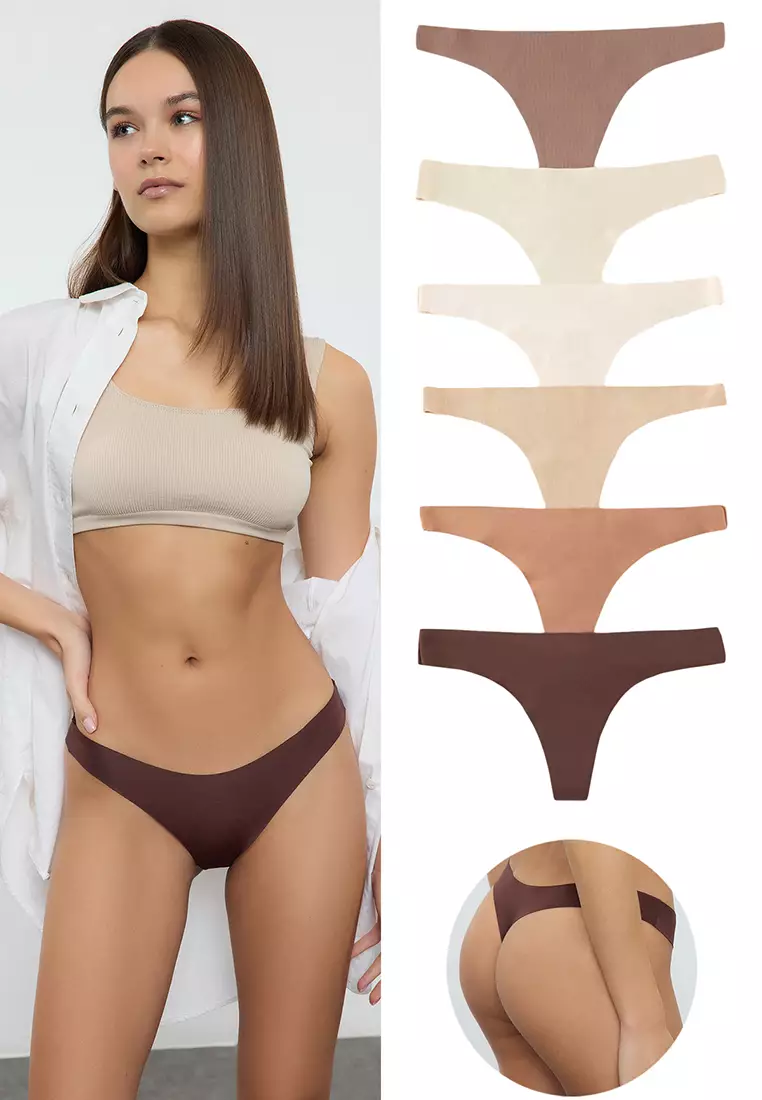 Brown-Multi Colorful 6-Pack Micro Seamless/Non-Trace Laser Cut Thong Knitted Panties
