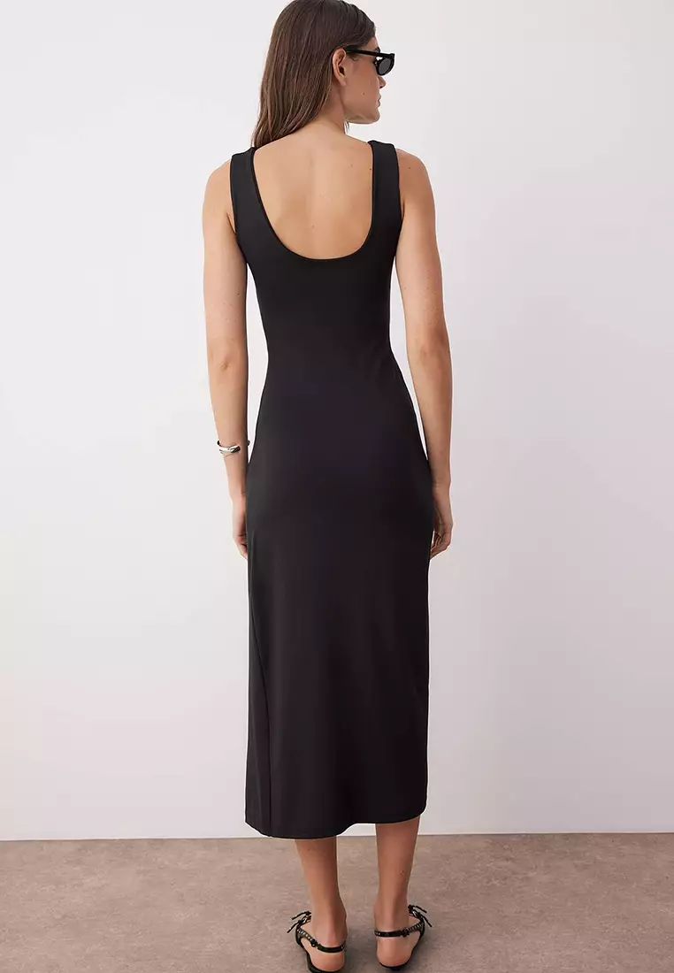 Gathered Detailed Bodycon Zero Sleeve Flexible Midi Knit Dress