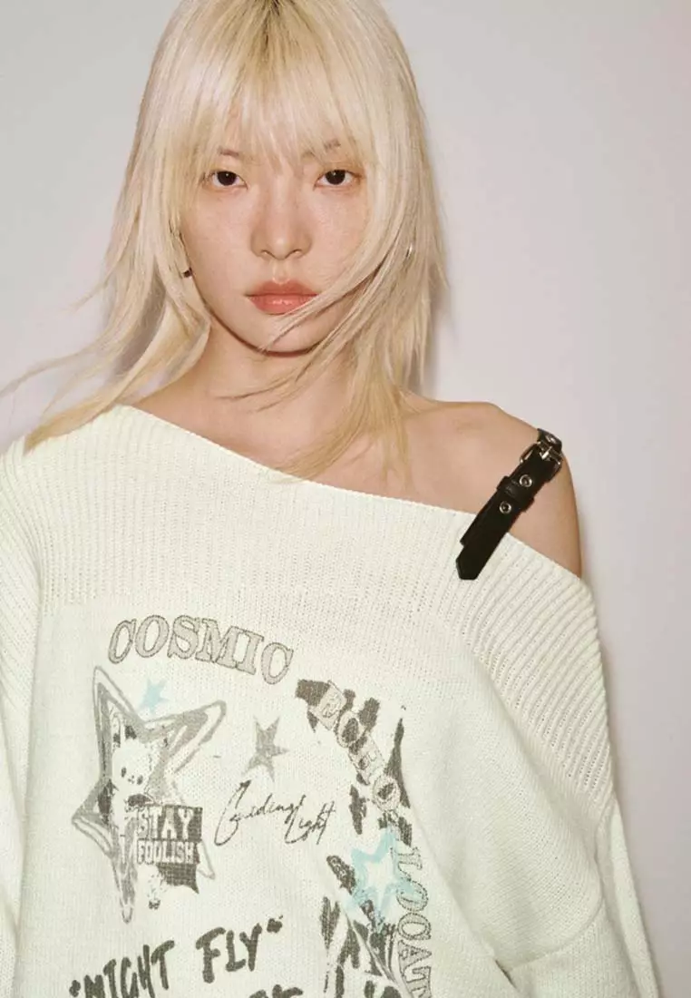 Asymmetric Neck Cat Graphic Print Off Shoulder Loose Knit Top
