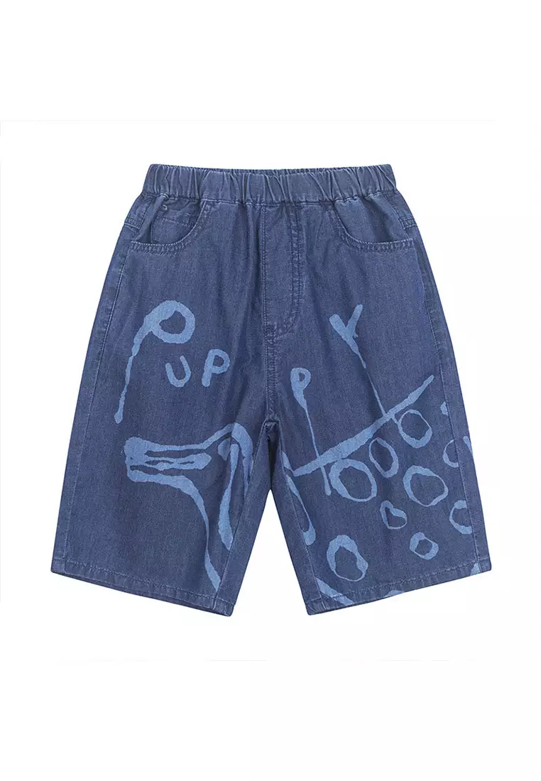 Denim Shorts With Letter And Graphic Print
