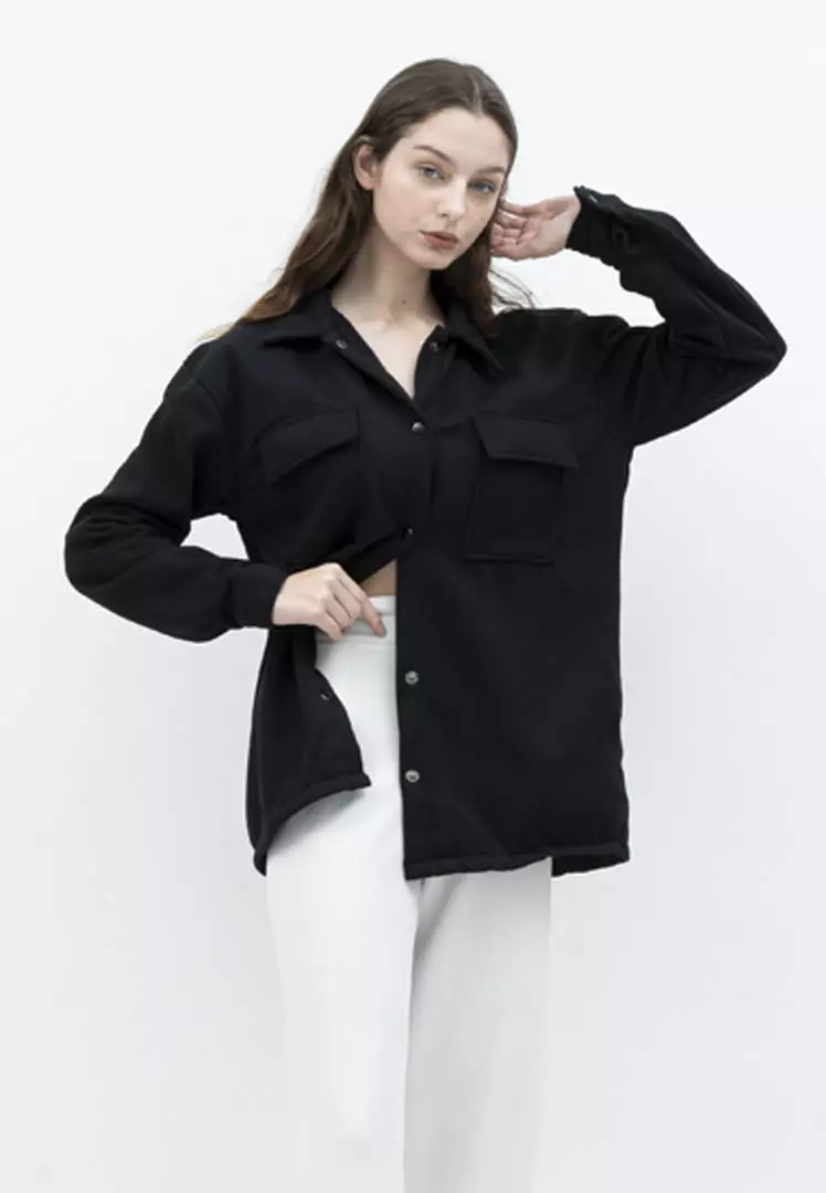 Houseofcuff Jaket Kemeja Casual Pria Wanita Unisex Soft Fleece Hitam