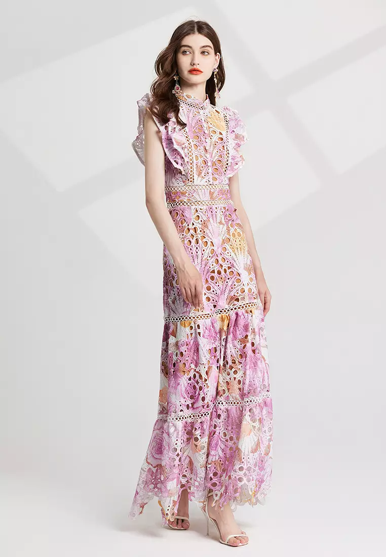 Colorful printed embroidered stand-up collar waist dress CA25070927PI
