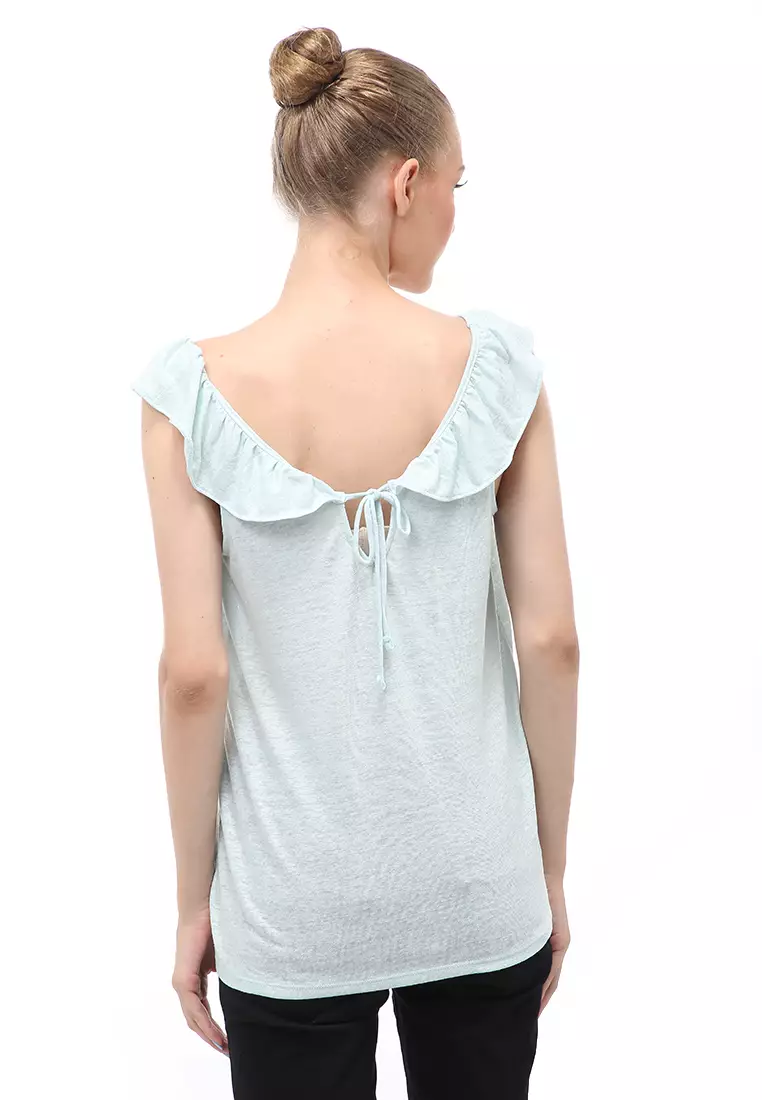 Baju Atasan Ruffled Linen Blend Jersey Wanita Relaxed Fit - Light Tosca