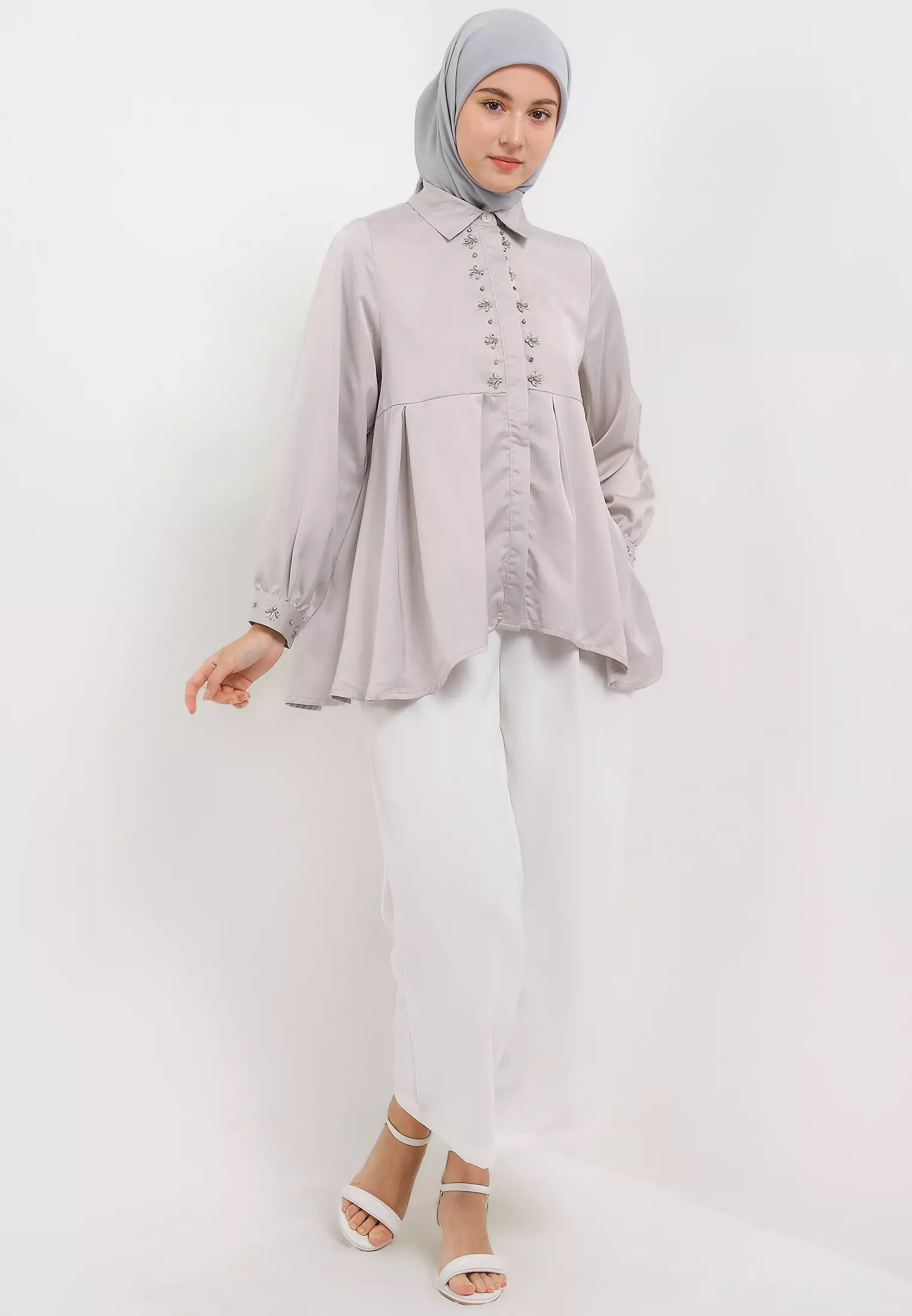MFMW Syaucha Atasan Blouse Satin Grey With Payet