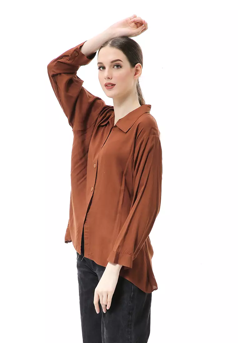 Ayudia Shirt Long Sleeve Atasan Wanita Premium Quality - Brown