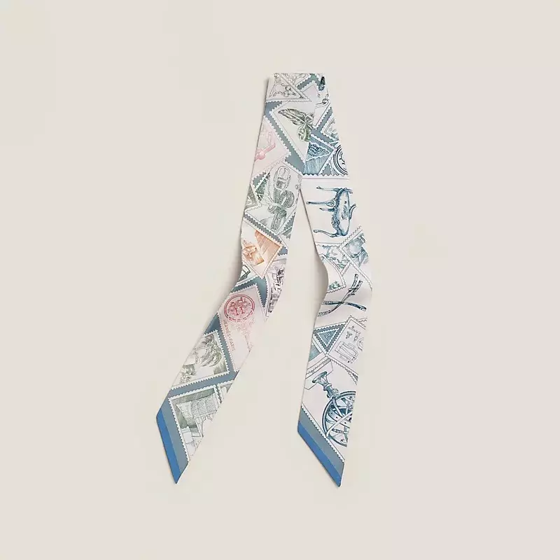 Twilly soie Le Philateliste Moven/Blanc/Rose