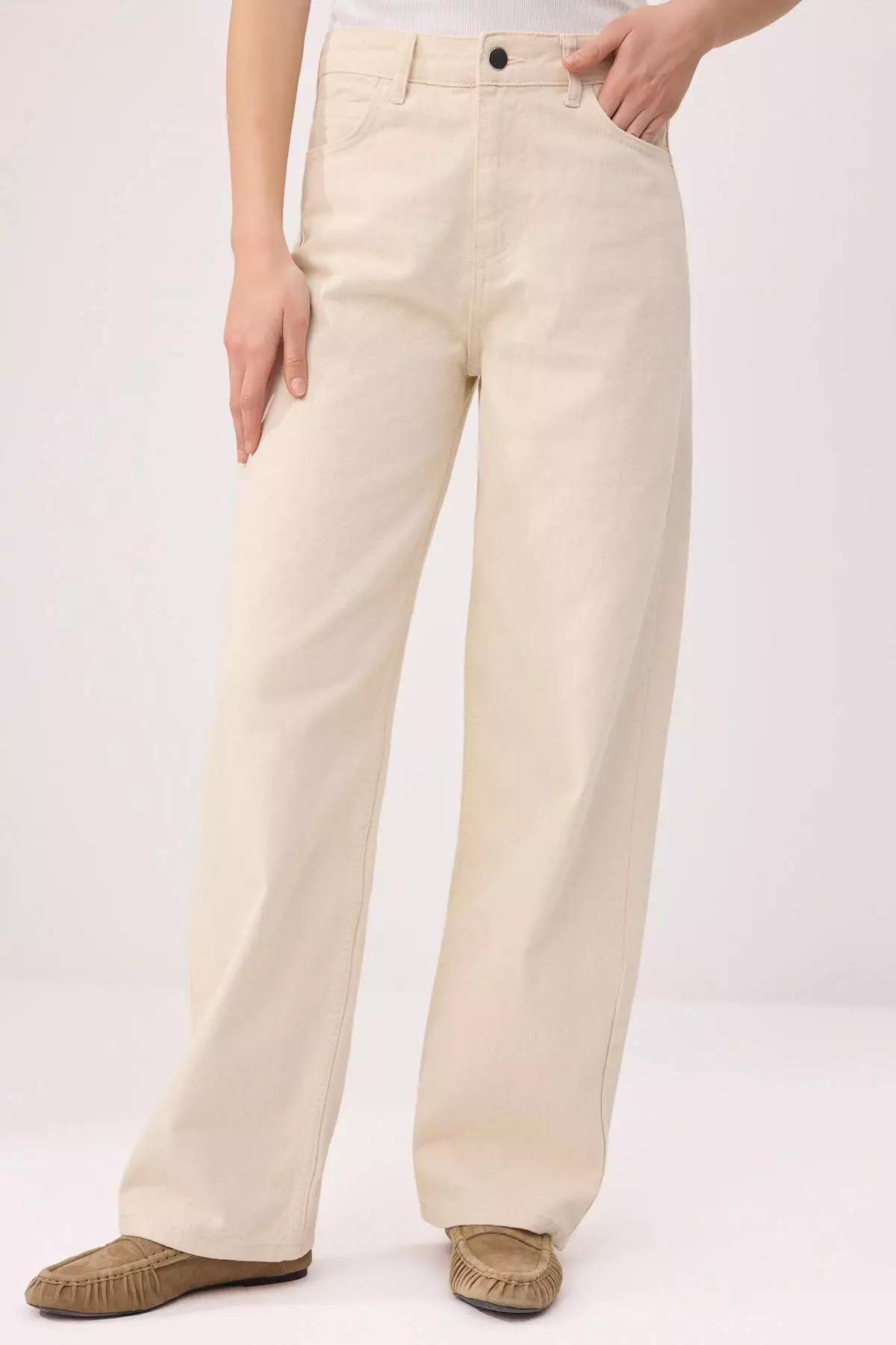 Ecru High Waist Baggy 1% Cotton Non-Stretch Jeans Twoaw25Je13