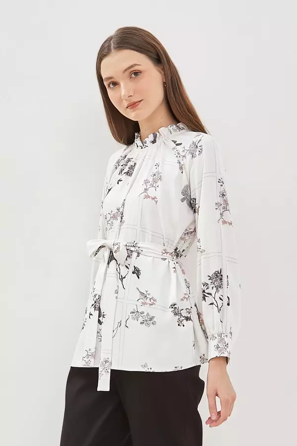 Minimal Magnolia Floral Blouse - Light Beige