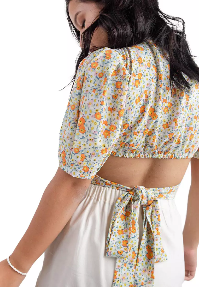 Vintage Floral Print Twist Front Top