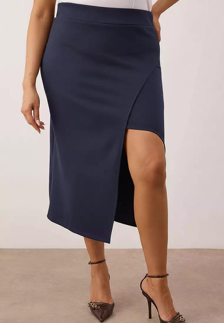 Navy Blue Slit Detailed Knitted Stretch Fabric Plus Size Midi Skirt Tbbaw26Az00023