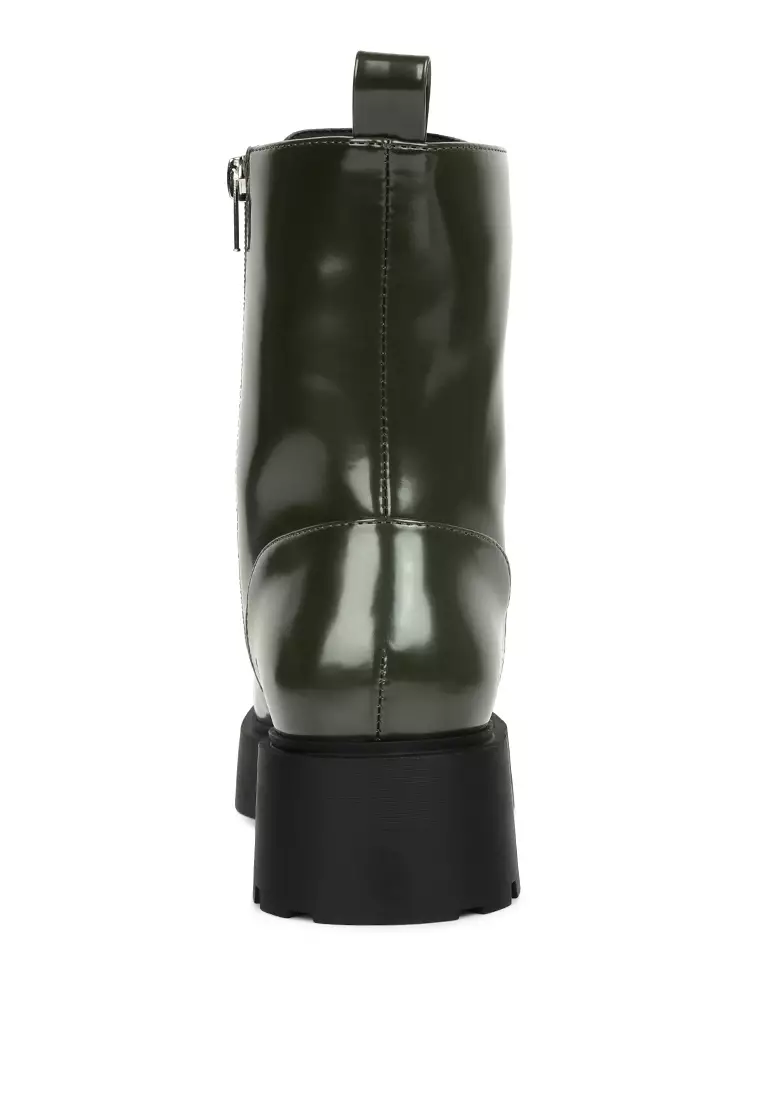 Dark Green Faux Leather Ankle Biker Boots