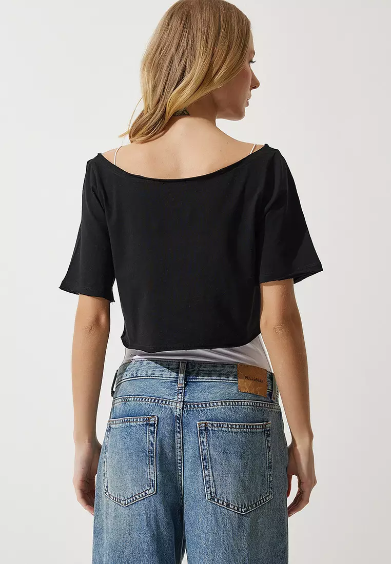 Women's White Black Boat Neck Basic Crop 2 Piece Pack Knitted T-Shirt Ow00036