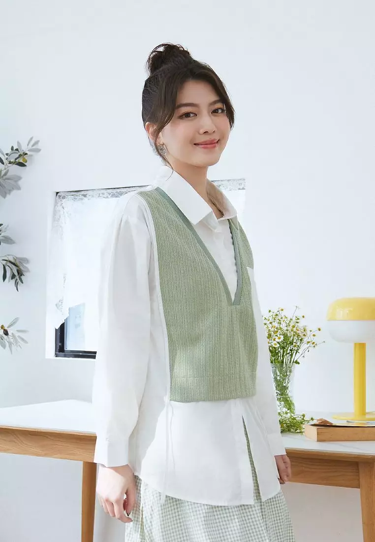 Loose Fit Layered Knit Vest Shirt Tunic – Casual Long Sleeve Oversized Top [AB20081]