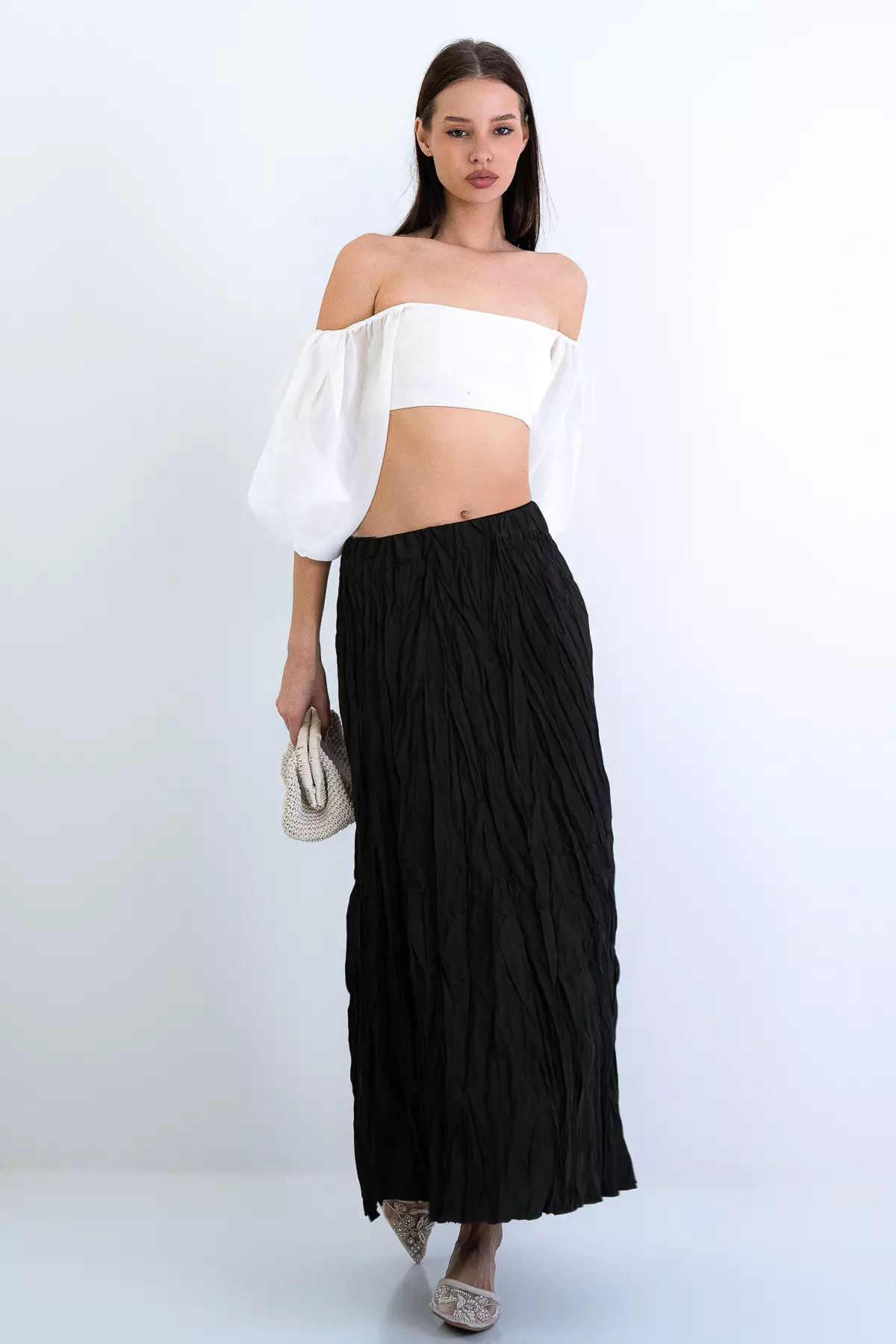 Khaki Soft Crush Textured Midi Skirt Alc-X15225