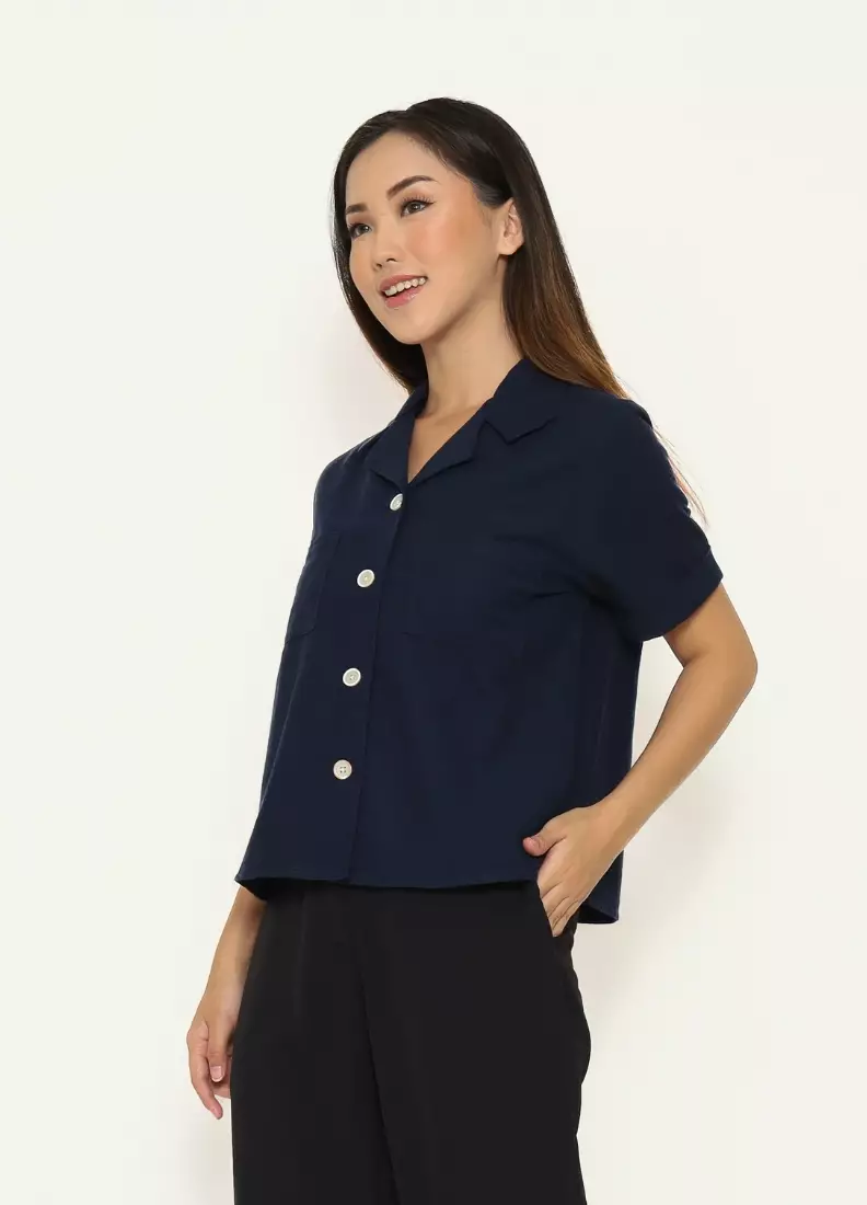 Urban Exchange Nala Navy Shirt - Atasan Kemeja Semi Crop Top