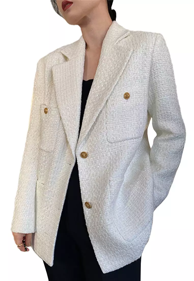 Women Sky Blue Blazer Jacket Metal Buckle Double Breasted Gold