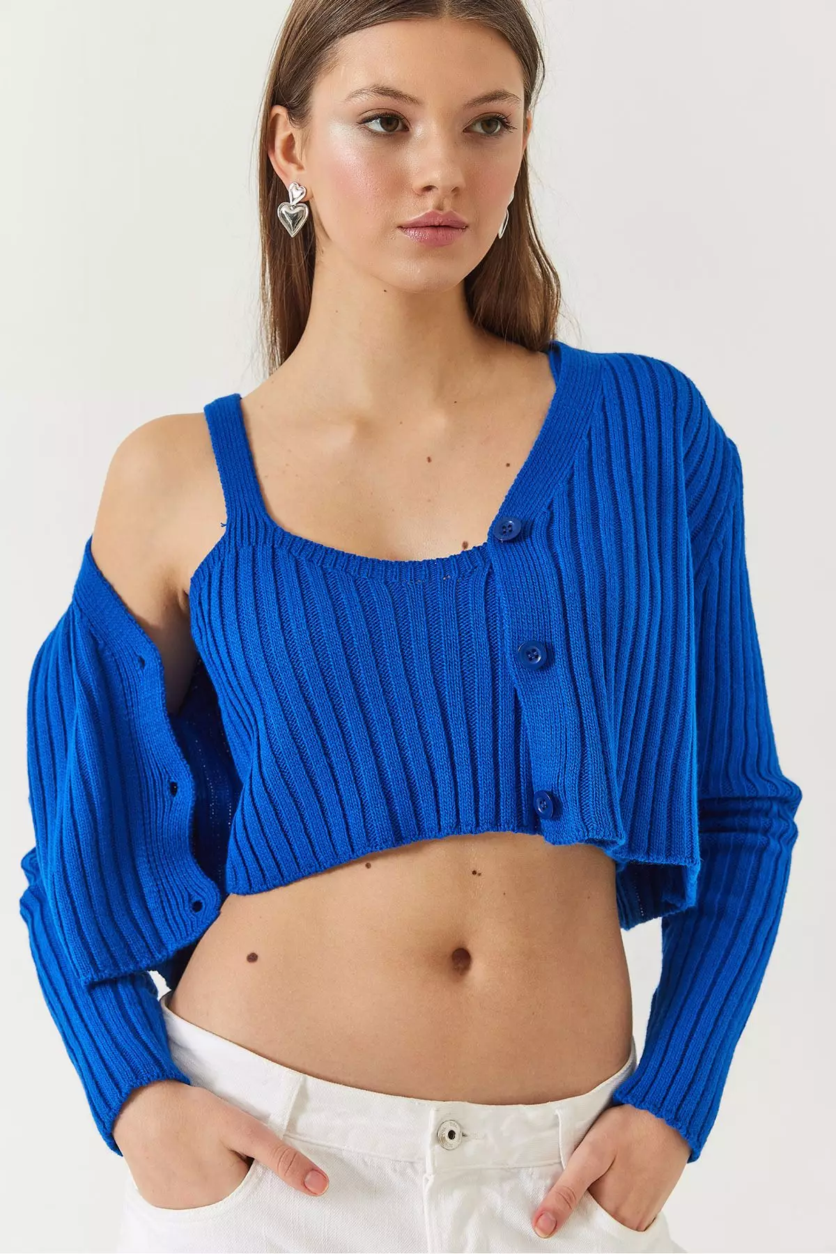 Women's Cardigan Crop Tank Top Double Knitwear Set